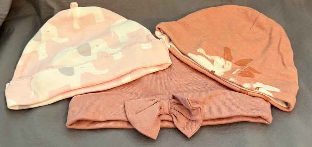 Lot/3 Carter’s / Just One You 6m Baby Girl Beanie Hats - Elephants, Bow, Florals